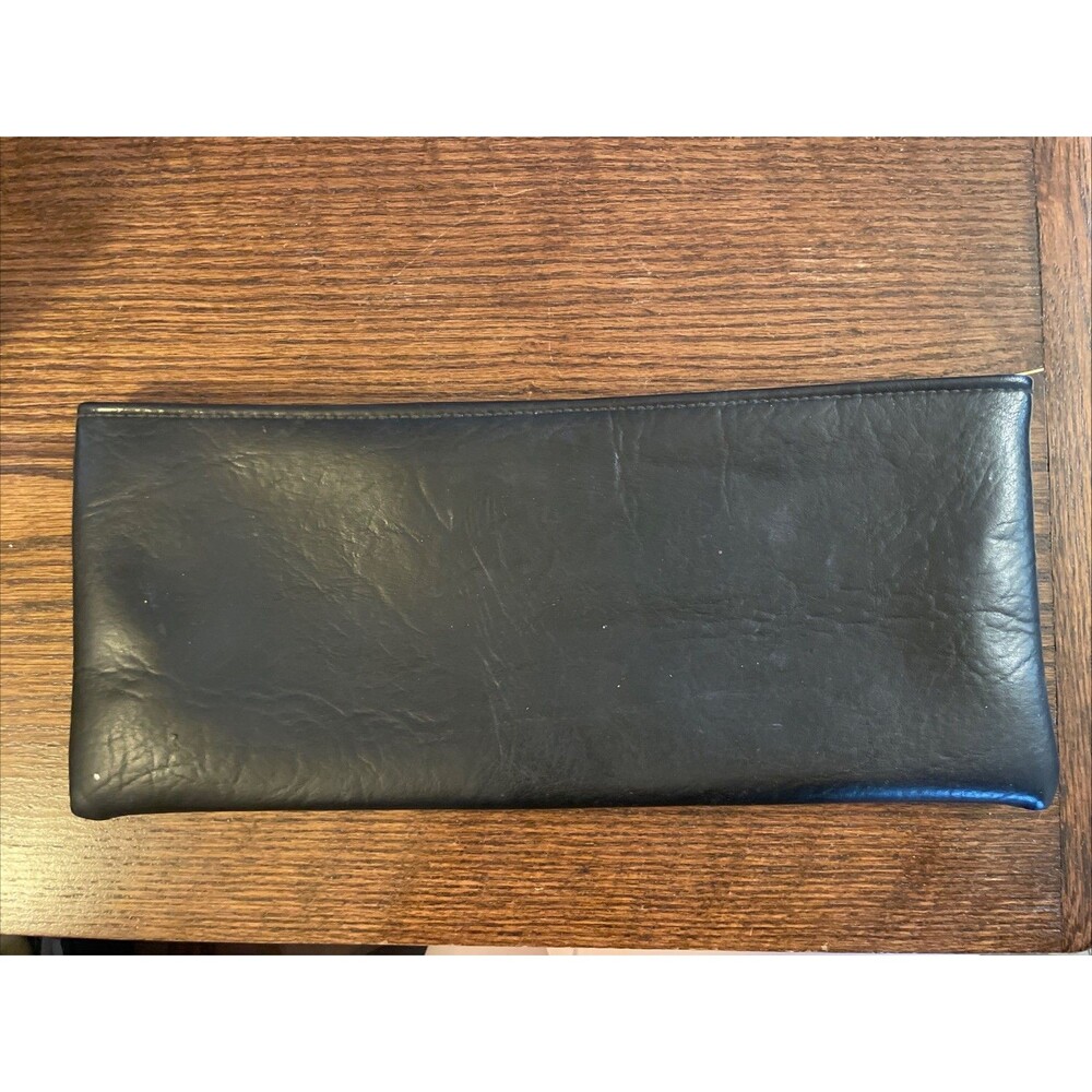 Vintage Money Coin Bank Deposit Receipt Zip Leather Style Bag 12.5” Long Black